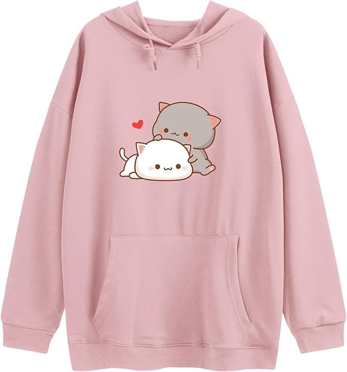 Cute Cat Graphic Hoodies Aesthetic Hooded Sweatshirts for Teen Girls Kawaii Cartoon Anime Lightweight Pullover Tops