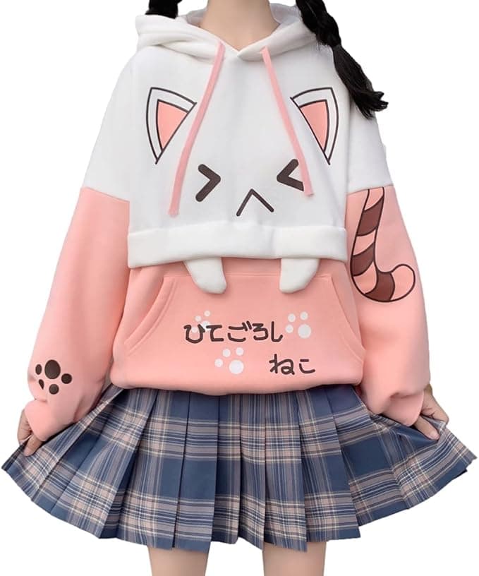 Cute Cat Graphic Hoodies Pullover Teens Japanese Kawaii Anime Print Hooded Sweatshirt Fashion Tops