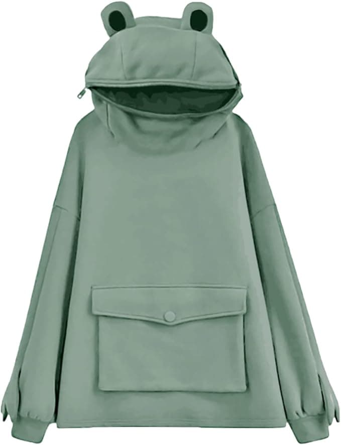 Frog Hoodie Sweatshirt Zipper Mouth for Women Teen Girls