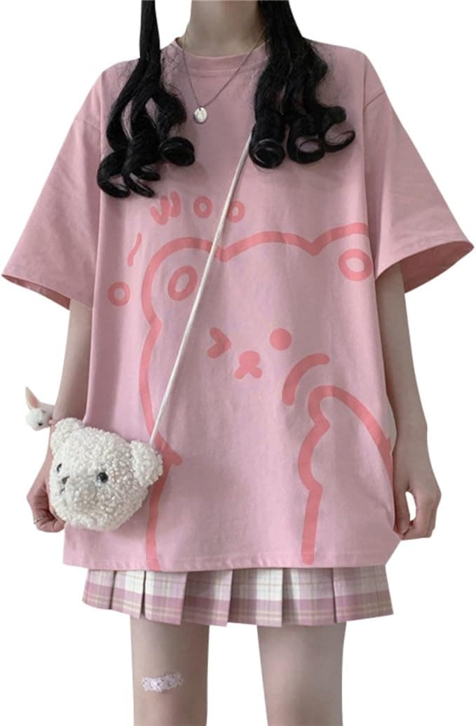 Women Kawaii Bear T-Shirt Cute Japanese Anime Graphic Tees Cartoon Korean Preppy Short Sleeve Baggy Top Oversized Clothes