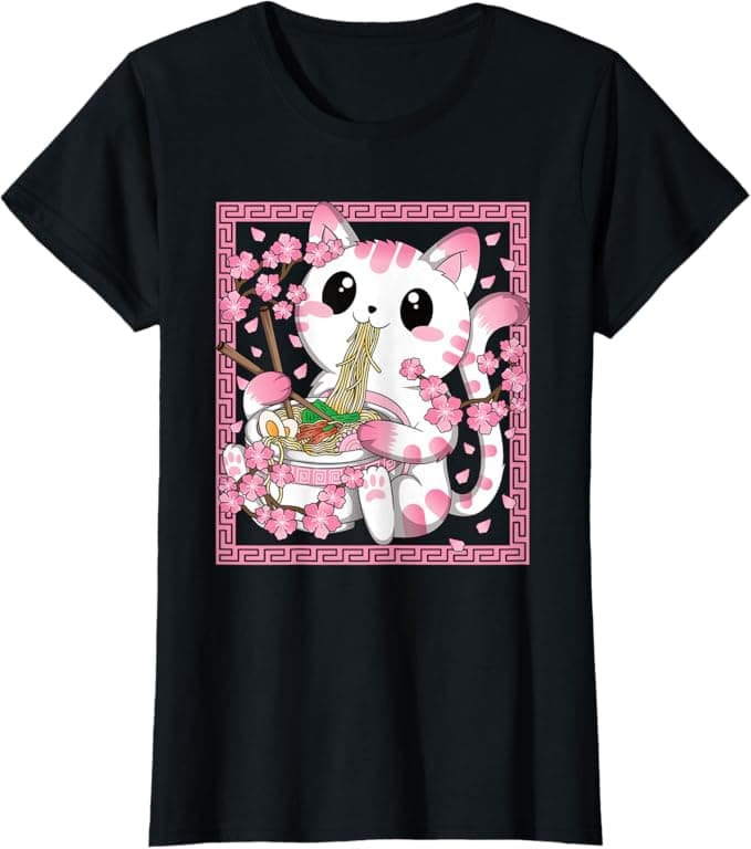 Kawaii Cat Ramen Anime Japanese Cherry Blossom Women Girls T-Shirt
